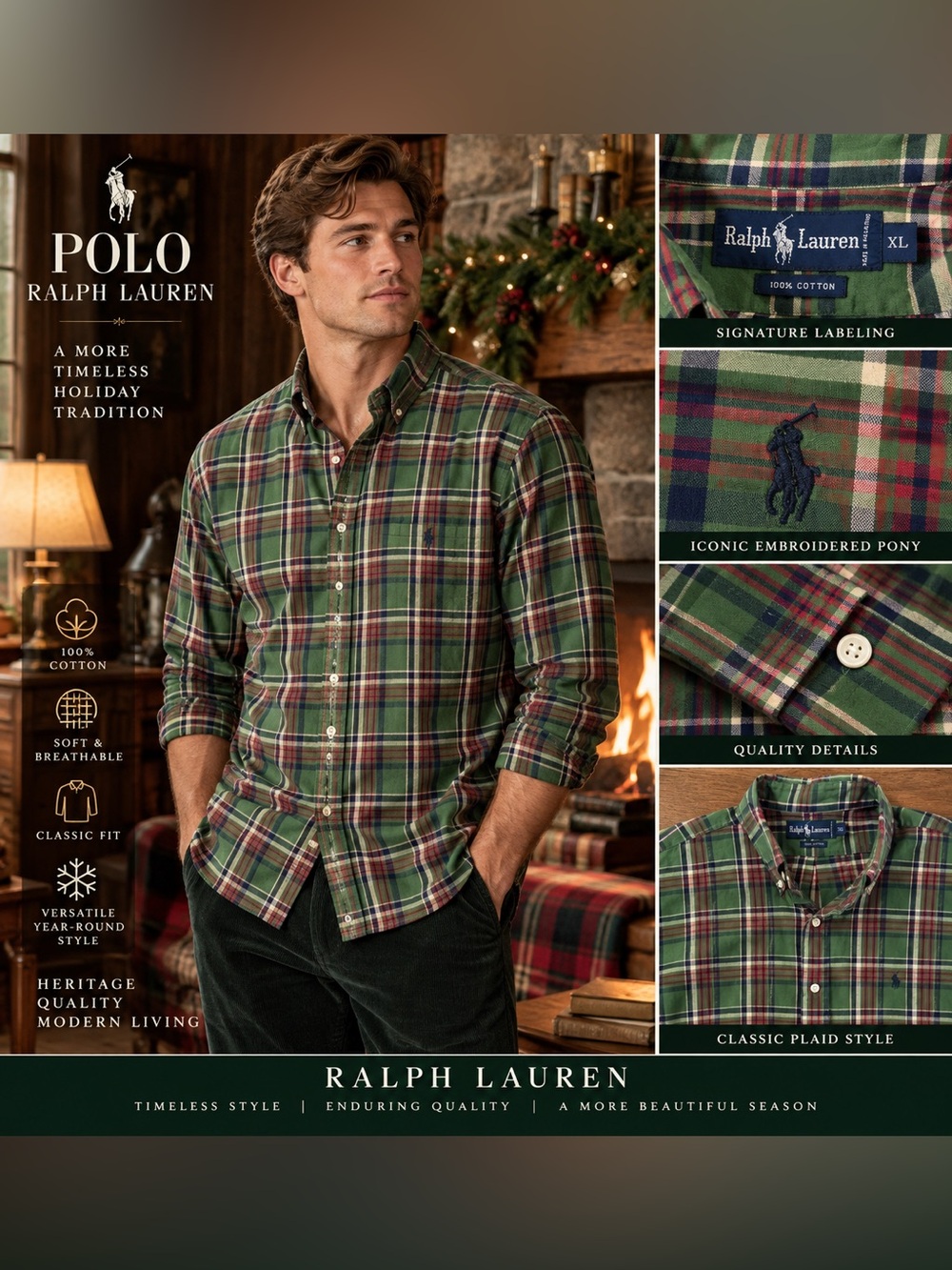 Ralph Lauren Green Navy and Red Plaid Oxford Shirt